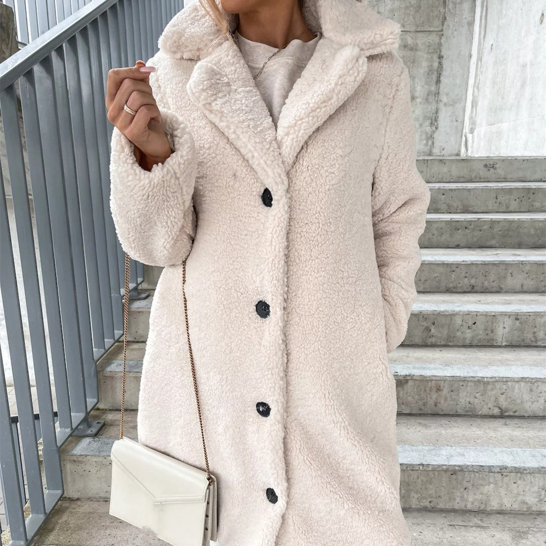 Manteau long en peluche à col rabattu pour femme