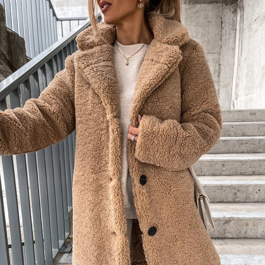 Manteau long en peluche à col rabattu pour femme