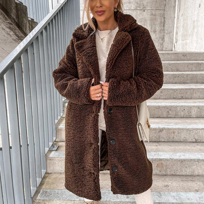 Manteau long en peluche à col rabattu pour femme