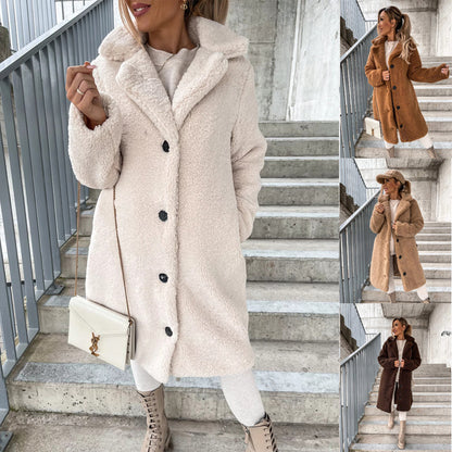 Manteau long en peluche à col rabattu pour femme