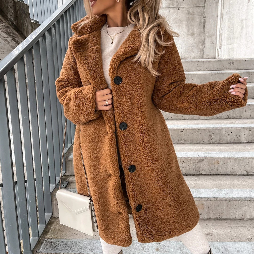 Manteau long en peluche à col rabattu pour femme